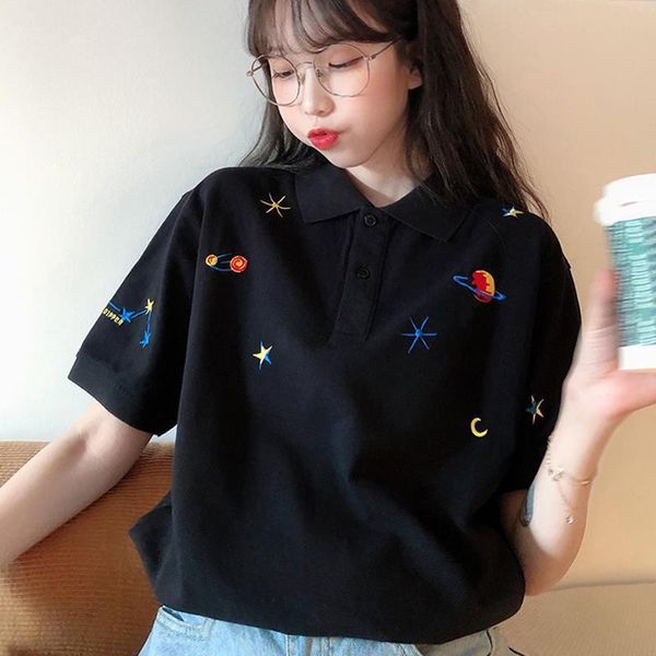 

japanese polo ins black womens t shirts short sleeved chic harajuku planet embroidery bf loose summer, White