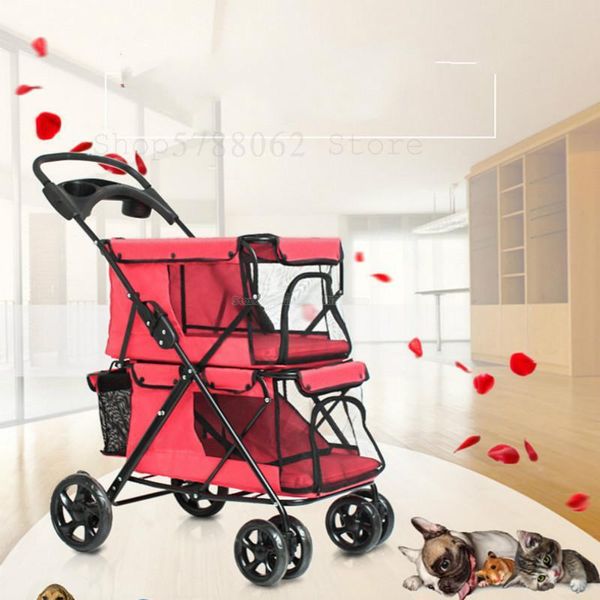 

dog car seat covers lightweight folding double-layer pet stroller four wheel large space breathable trolley for cat 20 bearing 4 colors