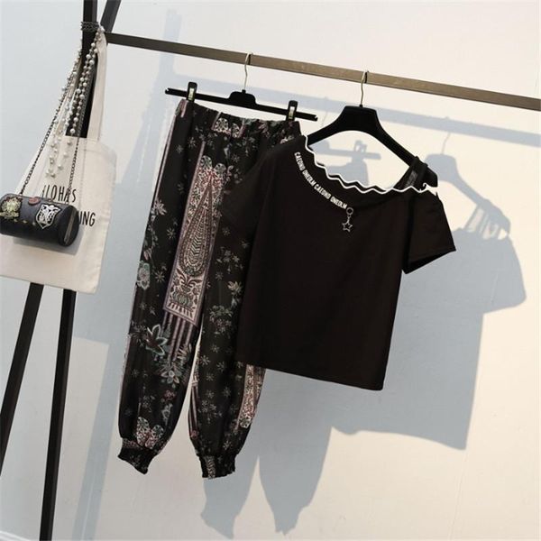 

casual dresses plus size loose women suit summer fashion set printing t-shirt wide leg pants high waist temperament two-piece u5cu, Black;gray