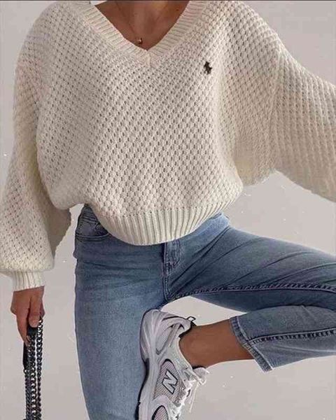 

womens sweater autumn v-neck long sleeve sweaters for women elegant office lady pullover casual loose sweater, White;black