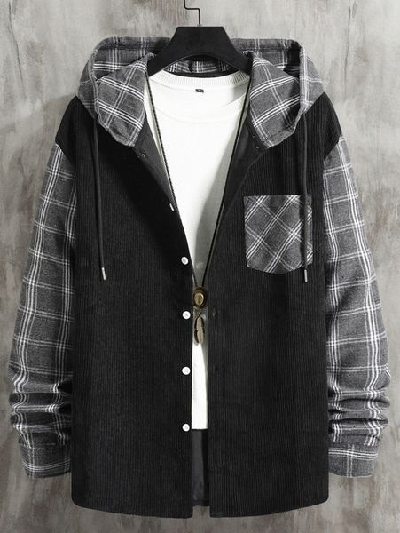

romwe guys plaid hooded shirt without pullover r9w4#, White;black