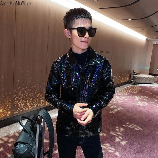 

men's fur & faux korean version of the trendy handsome shiny lapel pu leather jacket 2021 autumn and winter solid color slim coat, Black