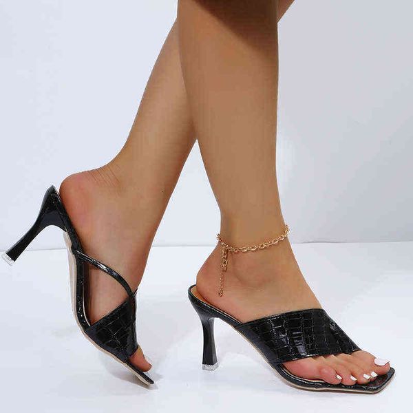 

2022 summer women pumps leather square toe sandal ladies heel mules thin high heels sandals slippers female fashion woman shoes, Black