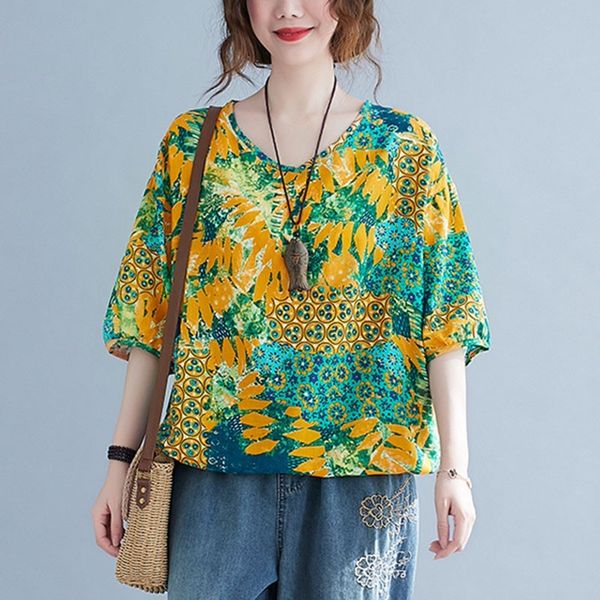

women cotton linen casual t-shirts new summer indie folk style vintage v-neck floral print loose female tees s3672 210412, White