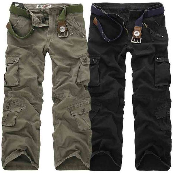 

men cargo pants casual long trousers loose multi pocket camouflage military pants men's street joggers plus size 44 210723, Black