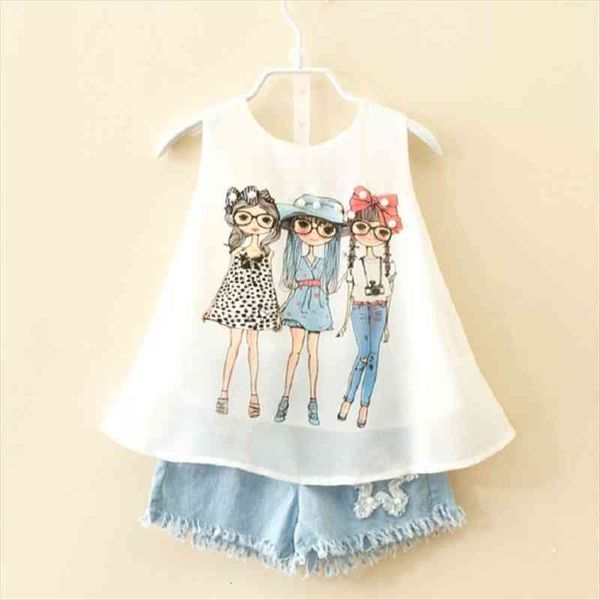 

summer brand suit for children girls fashion baby chiffon vest shorts set girl clothes toddler 3 8 years kids clothing, White