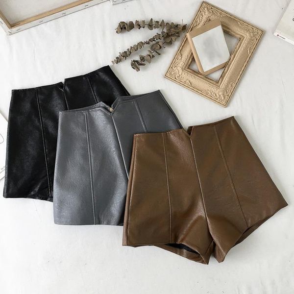 

women's shorts high waist pu leather solid short pants women autumn winter black, White;black