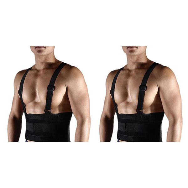 

waist support 2 pcs adjustable belt men lumbar fitness running back with shoulder straps breathable xxl & xl, Black;gray