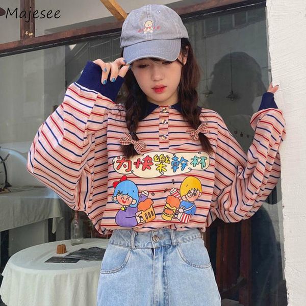 

women's hoodies & sweatshirts womens long sleeve turn down collar korean style striped printed kawaii students college streetwear loose, Black