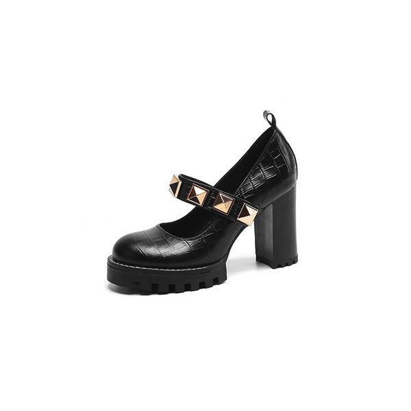 

designer shoes round toe luxury nude shoes heatshoes natural genuine leathe high heels pumps chunky studs rivets,studded lace-up platform pa, Black