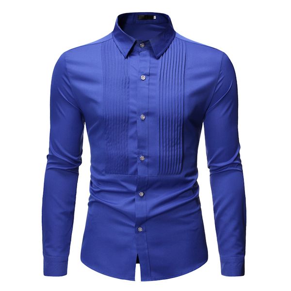 Camisa do smoking do casamento azul real para homens Marca Moda Slim Fit Manga Longa Mens Surgindo Colares Vestido Camisas
