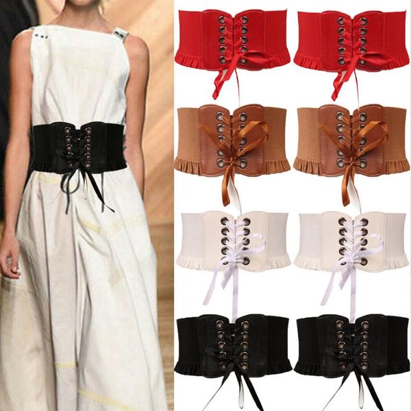 

belts womens lady stretch buckle waist belt casual bandage lace up wide elastic corset waistband 4 colors, Black;brown