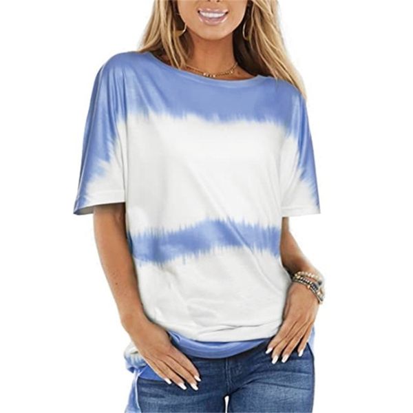 

summer casual ladies t shirt loose gradient tie dye short sleeve o neck streetwear oversized female plus size tee shirts 210603, White