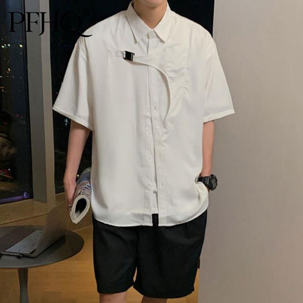 

men's casual shirts pfhq 2021 men fashion loose korean version dark black button irregular handsome short sleeve shirt summer autumn 21, White;black
