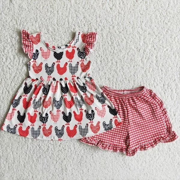 

wholesale fashionable children summer baby girl clothing red black chickens hen shirt ruffle plaid shorts kids boutique outfit, White