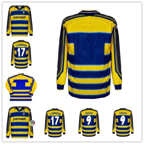 

long sleeve retro parma soccer jersey 1999 2000 crespo ortega buffon thuram thailand quality football shirt vintage camiseta futbol camis, Black;yellow