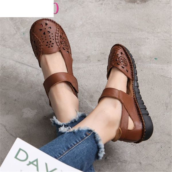 

sandals hollow genuine leather breathable soft flat summer women shoes woman casual solid buckle strap ladies jdy1, Black