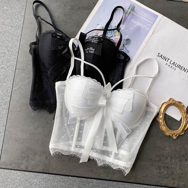 

bustiers & corsets women bustier corset bowknot ribbon push up bralet bra white black adjustable strap dot mesh see through summer crop, Black;white