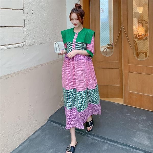 

[ewq] summer big womens dress turn down collar short sleeve stitching large size clothing contrasting check ladies robe 16w4, Black;gray