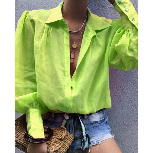

fashion women summer long sleeve button blouse solid v neck casual shirt plus size s-2xl women's blouses & shirts, White