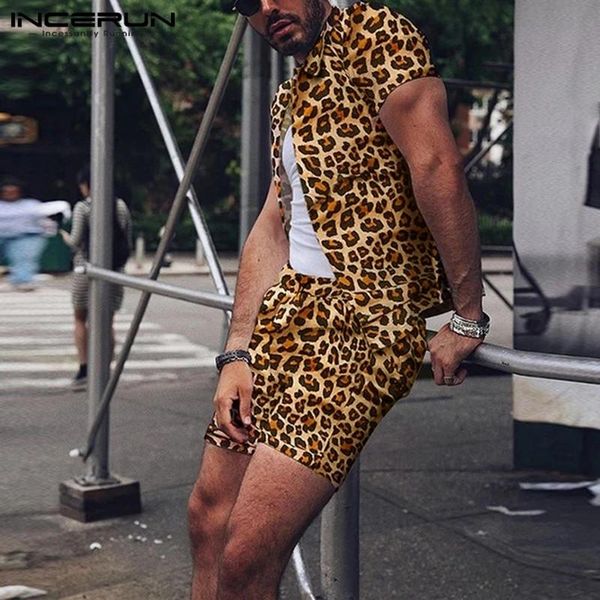 

men's tracksuits mens fashion leopard printed sets short sleeve lapel shirt elastic shorts summer beach suits stteetwear s-5xl incerun7, Gray