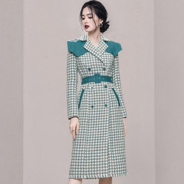 

women's trench coats temperament elegant houndstooth tweed windbreaker coat women korean vintage fashion patchwork winter office wool o, Tan;black