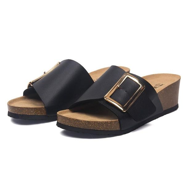 

comfort soft cork casual wedge slippers women summer slide sandals flip flops 5cm high heels buckle indoor outside shoes flats, Black