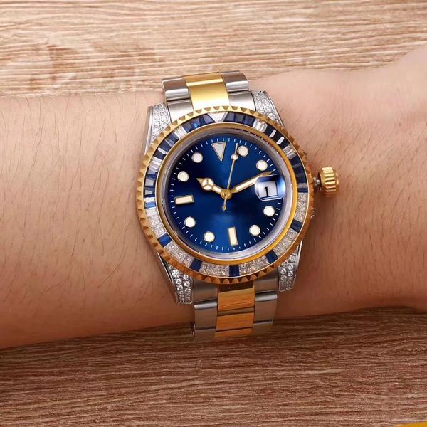 

wristwatches classic men automatic mechanical silver yellow gold diamonds rainbow blue green stainless steel sapphire watch, Slivery;brown