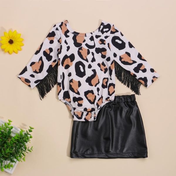 

jumpsuits girls casual two-piece clothes set, black solid color skirt and leopard printed pattern romper with tassels, Blue