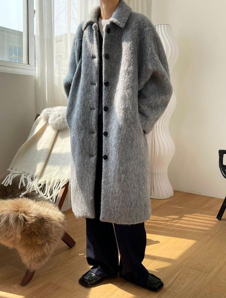 

women's wool & blends winter woman mohair long coat, Black
