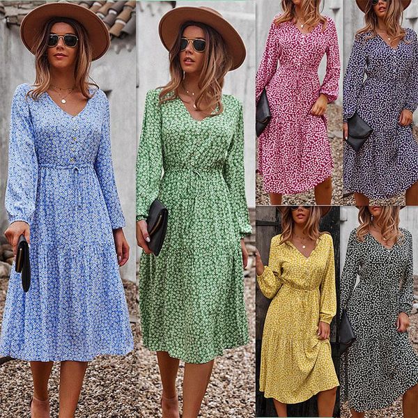 

casual dresses long sleeved dress 2021 fall winter v-neck high waisted big skirt college style fashion printed button ribbon midi, Black;gray