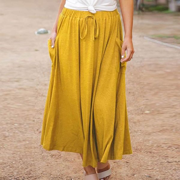 

skirts 2022 maxi casual solid high waist womens summer loose beach party skirt fashion lace-up s-, Black