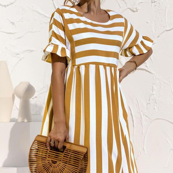 

women elegant ruffle sleeve striped patchwork a line dress 2021 summer casual high waist o neck loose pocket beach wear dresses, Black;gray