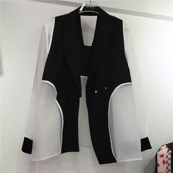 

women's suits & blazers [ewq] korea chic autumn casual trend women coat lapel mesh stitching fashion simple long-sleeved blazer 2021 16, White;black