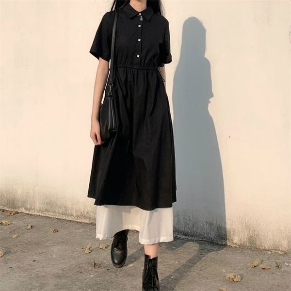

short sleeve dress women summer patchwork fake-two pieces turn-down collar harajuku buttons elegant slender stylish lace-up chic, Black;gray