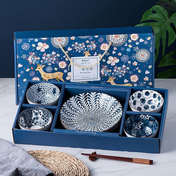 

dinnerware sets japanese rice bowl creative ceramic gift box household tableware pastoral style enamel soup small set plates and bowls