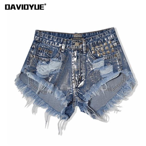

summer tassel women jeans shorts vintage punk sliver rivet ripped denim street fashion high waist 210719, White;black