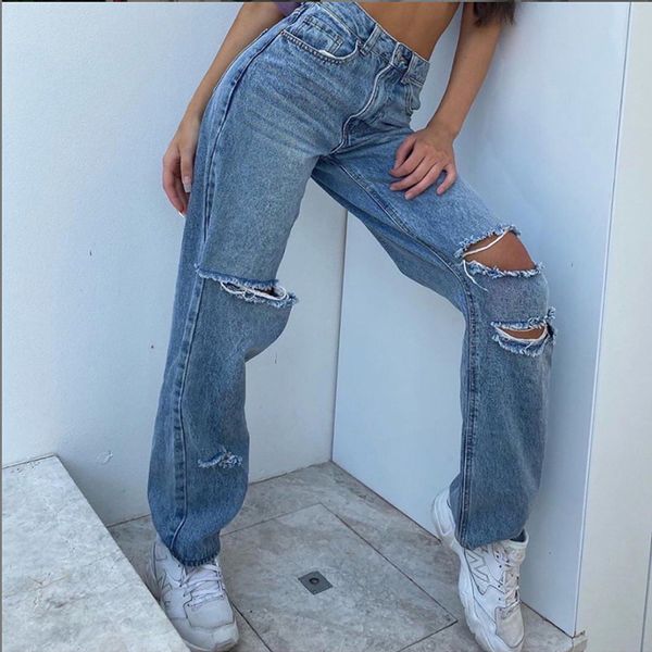 Jeans anfitriã de jeans de namorado de mulheres feminino fofo jeans afligidos esticar jeans magro com buraco azul
