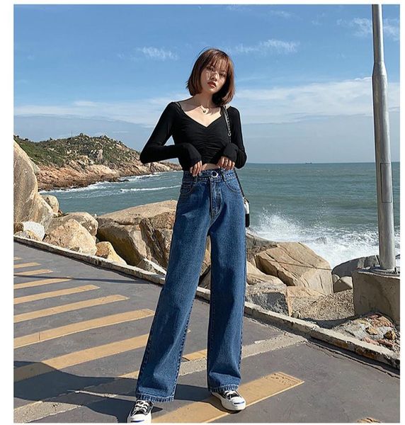 

women's jeans 2021 spring and autumn fashion casual loose cotton high waist female girls brand wide leg clothes, Blue