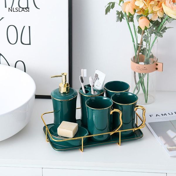 

nordic luxury ceramic bathroom accessory set soap dispenser toothbrush holder gargle cup dish tray home decor bath