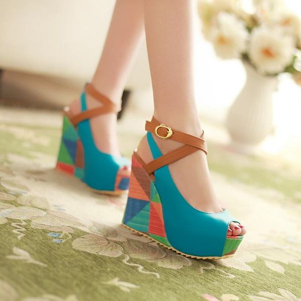 

slope heel super high fish mouth korean platform princess shoes large roman sandals casual, Black