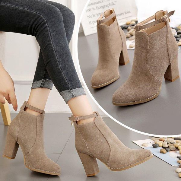 

boots women shoes autumn winter fashion woman high heels 8.5 cm leather ankle pointed toe, Black