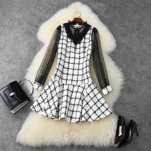 

casual dresses european and american women's clothing autumn style dot mesh long sleeve splicing tweed fashionable dress huqv, Black;gray
