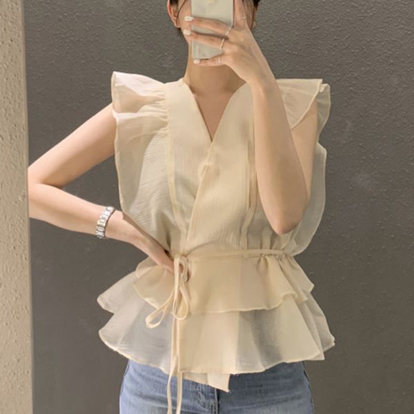 

korea chic fashion temperament v-neck ruffle stitching solid color lace-up cardigan shirt blouse women summer 16w1448 210510, White
