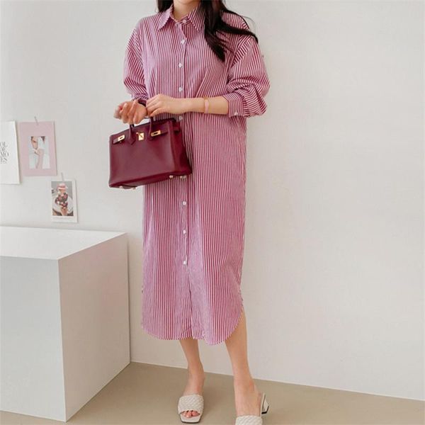 

casual dresses summer korean version slim long sleeve red stripe shirt dress women's fashion tide 2021 u013, Black;gray