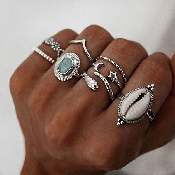 

jewelry shell moon pentagram snake flower ring set 8 pieces, Golden;silver