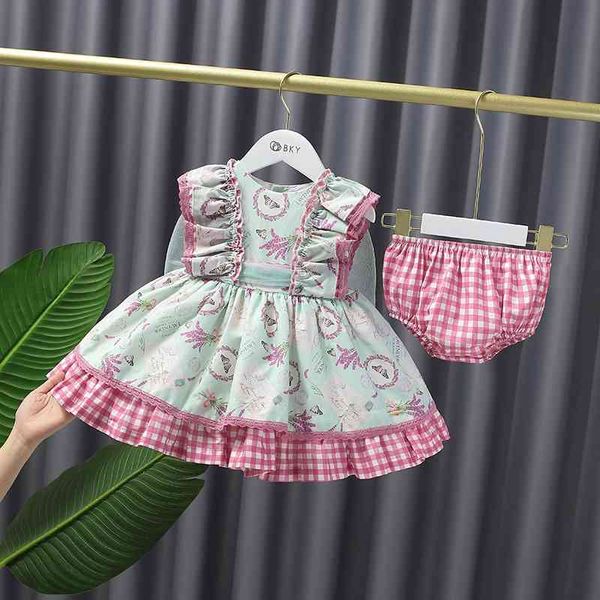 Sommerkinder Spanische Blumenkleid Lolita Princess Kleider Baby Vintage Plaid Ball Kleid Kind Infant 1. Geburtstag Party Kleidung 210615