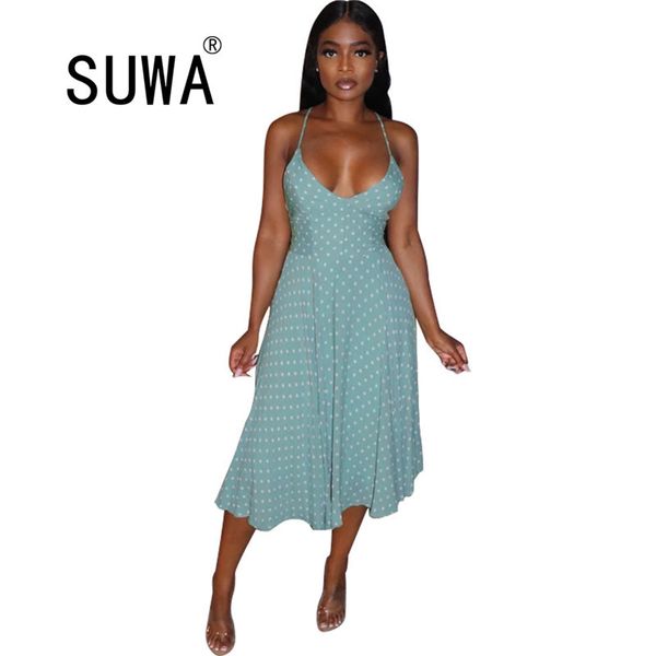 Venda Mulheres Spaghetti Strap Backless Lace Up Midi Vestido Bolinhas Doce Doce elegante elegante chá casual Sundress 210525