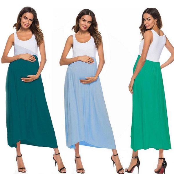 

summer women's maternity dress sleeveless cotton blend ruched sheath color block maxi pregnant women causal dresses 2021, White