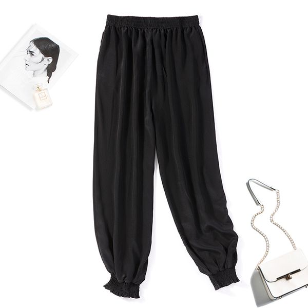 

pants women's 100% pure silk black elastic waist jogger harem pants trousers l xl jn520, Black;white